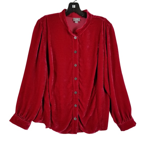 J. Jill Tops - J. Jill Velvet Silk Blend Blouse Womens Large Red Button Front Gathered Back
